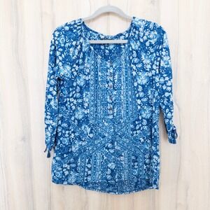 Lucky Brand Womens Floral Top Size‎ M Blue Boho Cottage Romantic Coastal